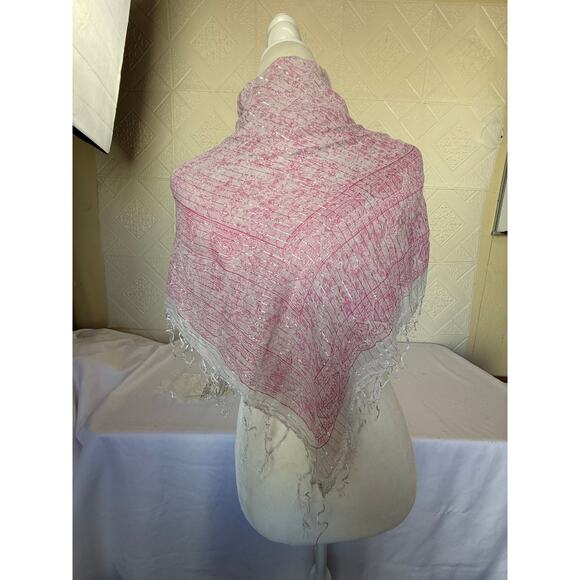 SCARF pink square 38x38" thin with string fringes silver thread - Picture 2 of 8